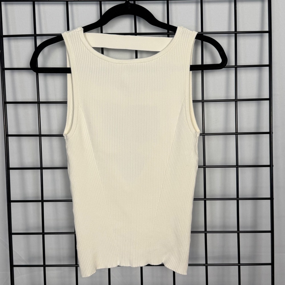 Bebe Tank Top Womens XS Cream Ribbed Knit Strappy Open Back Sleeveless High Neck